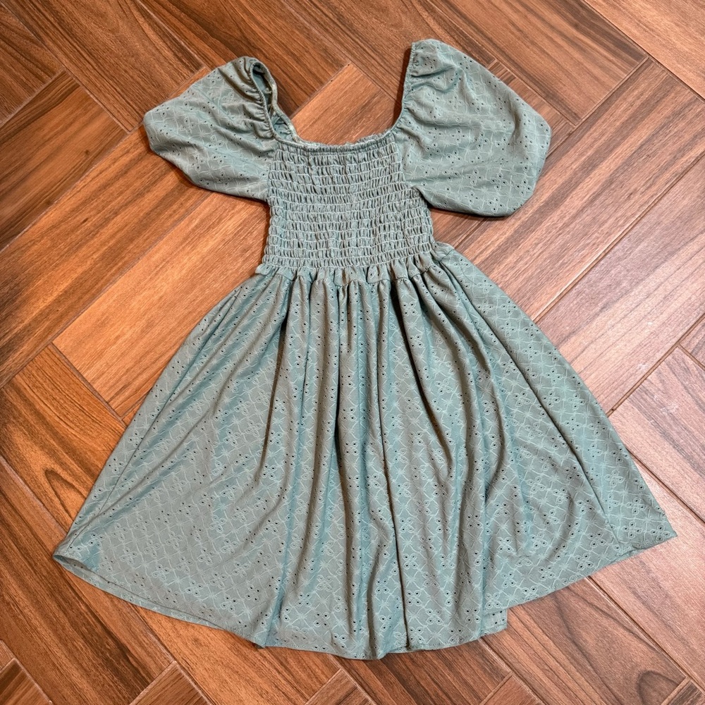 Summer smocked bodice, puffed sleeves, flowy light green dress